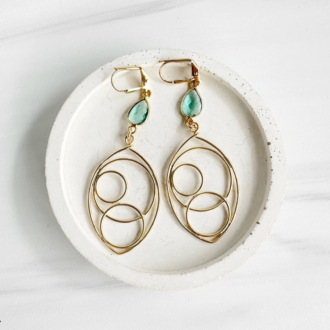 Unique Teardrop and Quartz Stone Earrings in Gold. Art Deco Earrings. Geometric Dangle Earrings. Gold Earrings