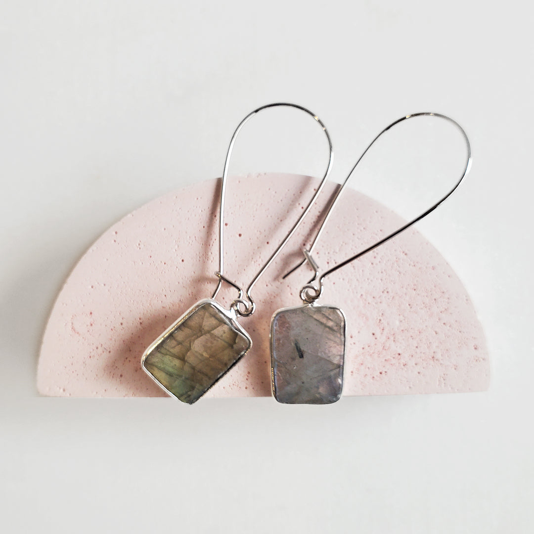 Freeform Labradorite Gemstone Slice Drop Earrings in Silver