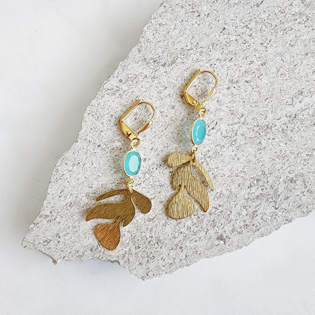 Leaf Dangle Earrings with Small Aqua Stone in Brushed Brass