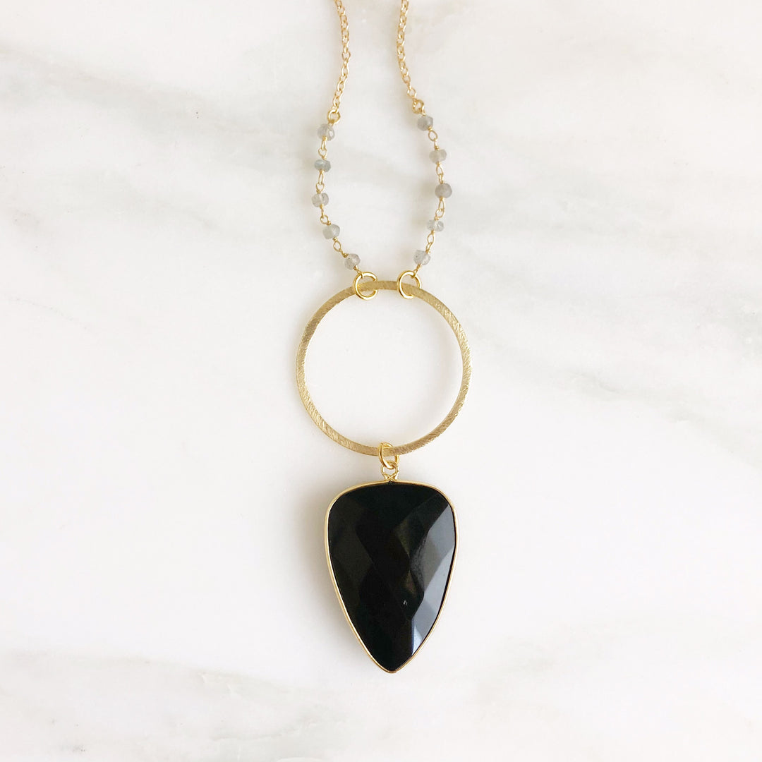 Black Shield Necklace with Labradorite Beading in Gold