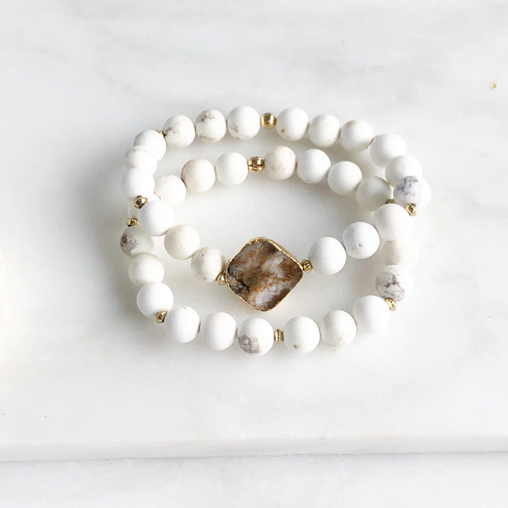 Set of 2 Stretchy Beaded Bracelets with Brown Druzy Stone and White Howlite Beading Jewelry