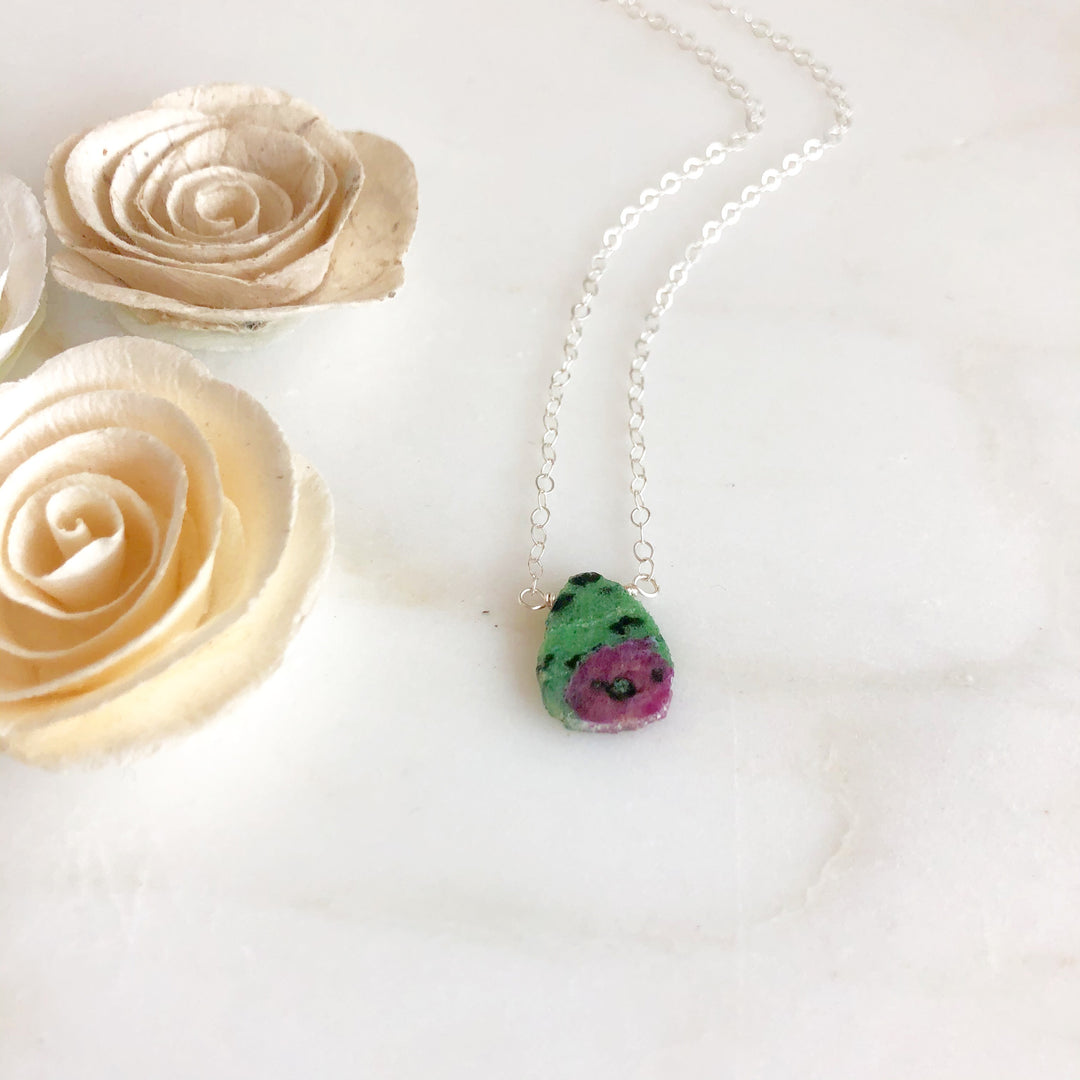 Ruby Zosite Gemstone Slice Pendant Necklace in Silver. Green Stone Layering Necklace