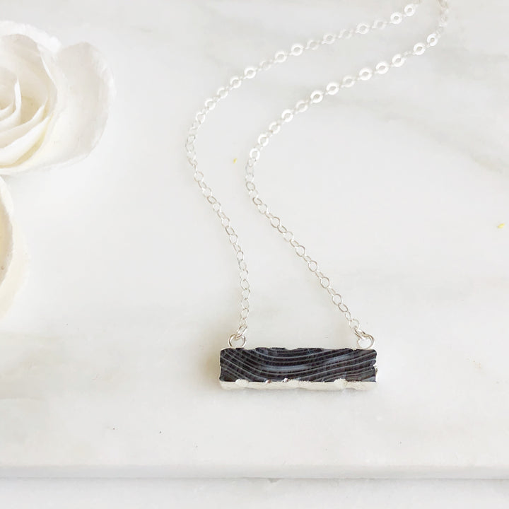 Grey Agate Bar Necklace in Sterling Silver. Black White Swirl Stone in Silver. Silver Bar Necklace.
