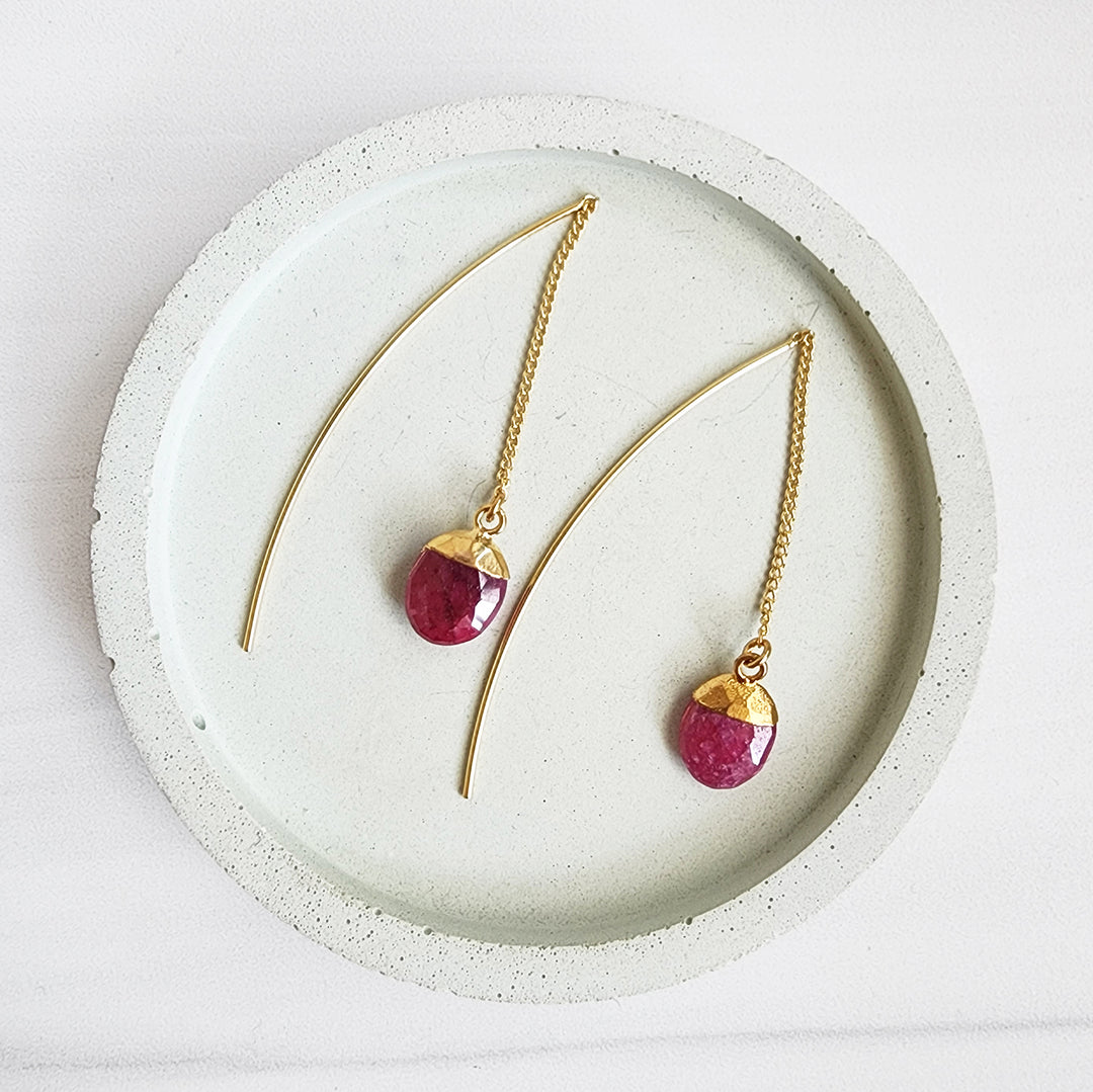 Simple Long Chain Gemstone Drop Earrings in Gold