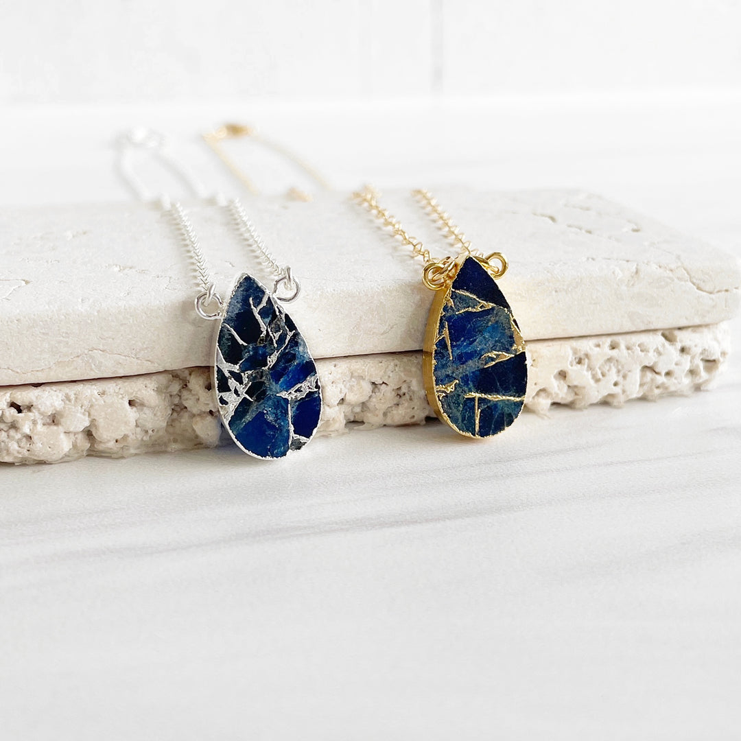 Sapphire Mojave Teardrop Gemstone Slice Necklace in Gold and Silver
