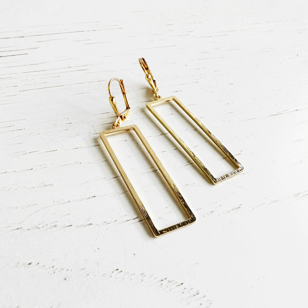 Open Rectangle Earrings in Brushed Brass Gold