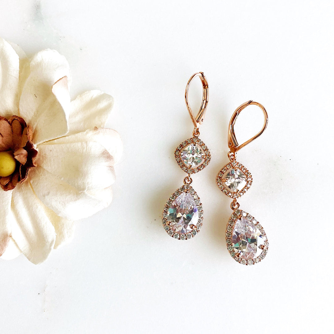 Rose Gold Bridal Earrings. Rose Gold Dangle Earrings with CZ Stones. Rose Gold Wedding Jewelry
