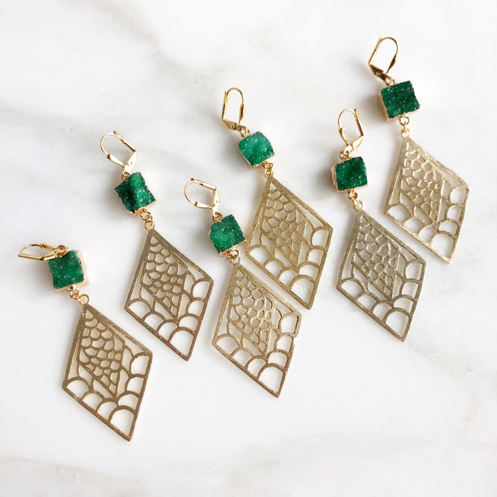 Druzy Statement Earrings in Gold. Green Druzy and Gold Statement Earrings. Druzy Jewelry. Gift.