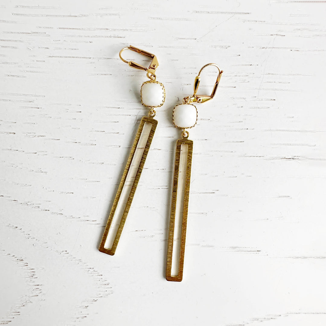 Open Rectangle Bar White Stone Earrings in Brushed Brass Gold