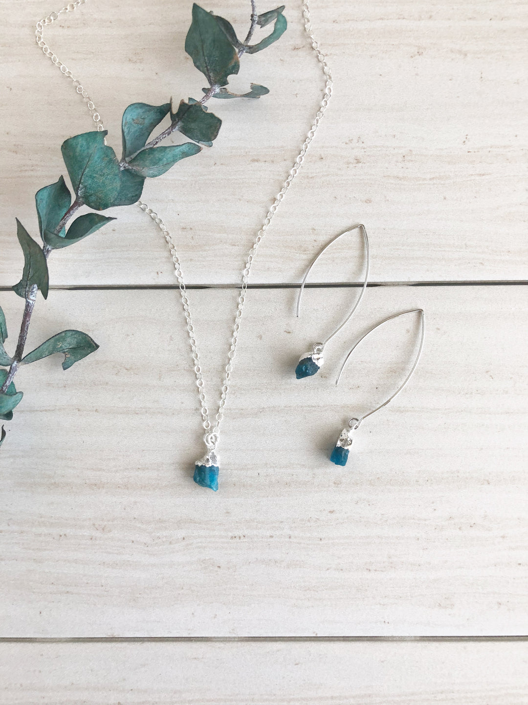Dainty Tourmaline Set in Silver - Blue Teal Toned Tourmaline. Raw Stone Necklace and Earrings.