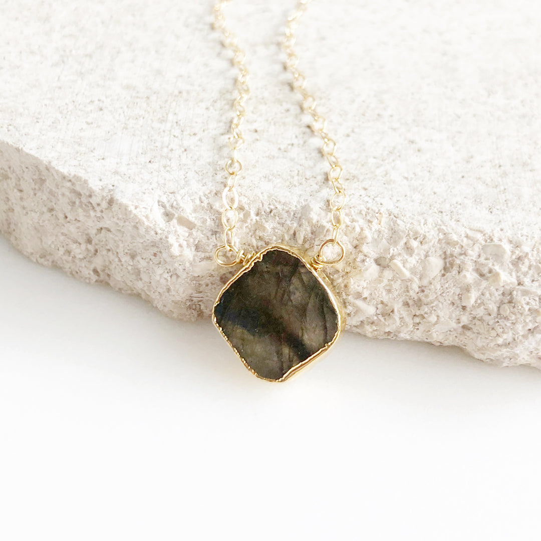 Labradorite Gemstone Slice Necklace. Diamond Shaped Labradorite Dainty Gemstone Layering Necklace.