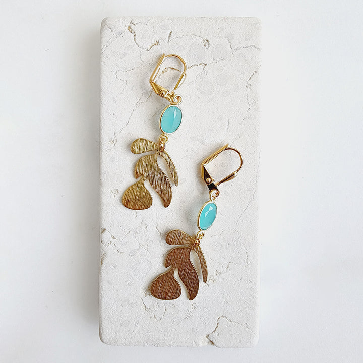 Leaf Dangle Earrings with Small Aqua Stone in Brushed Brass