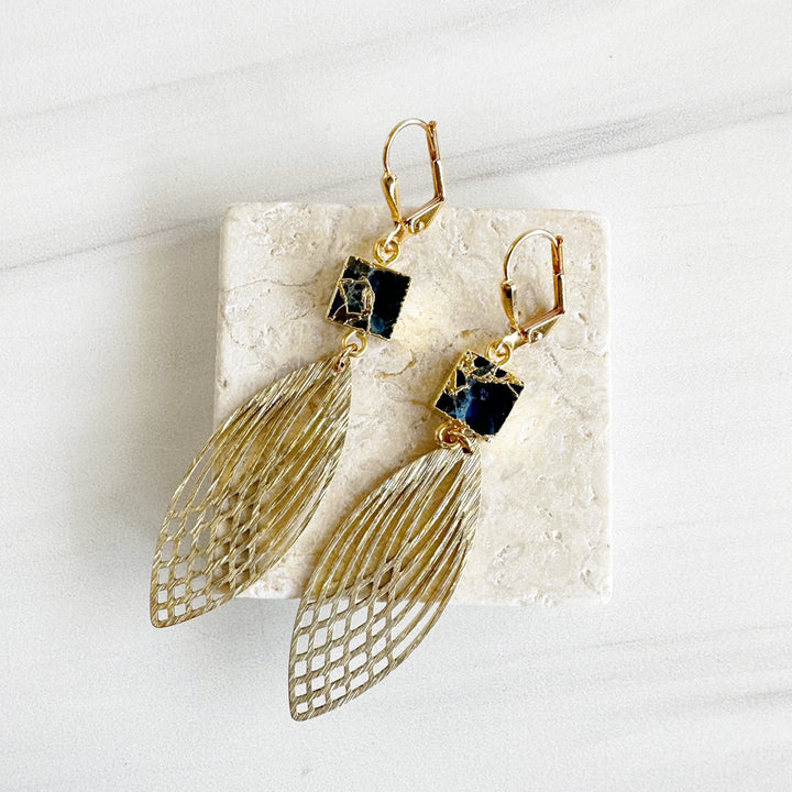 Sapphire Mojave and Patterned Marquis Statement Earrings in Brushed Brass Gold