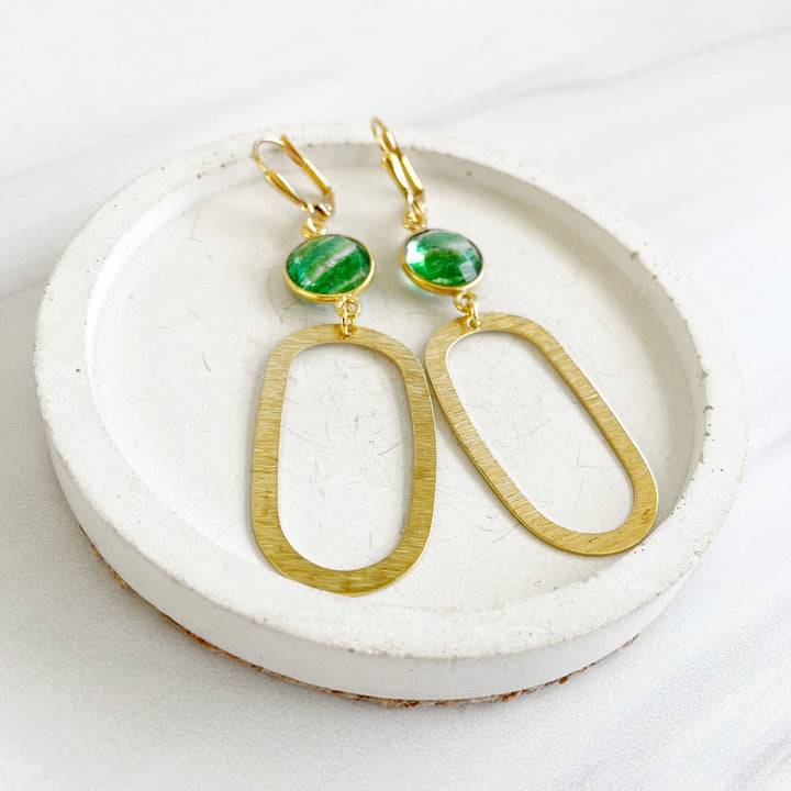 Green Stone Open Oval Dangle Earrings with Brushed Brass Gold