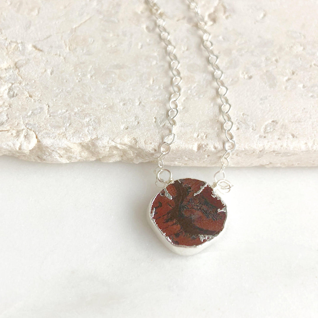 Red Tiger Eye Gemstone Slice Necklace in Sterling Silver. Dainty Layering Jewelry