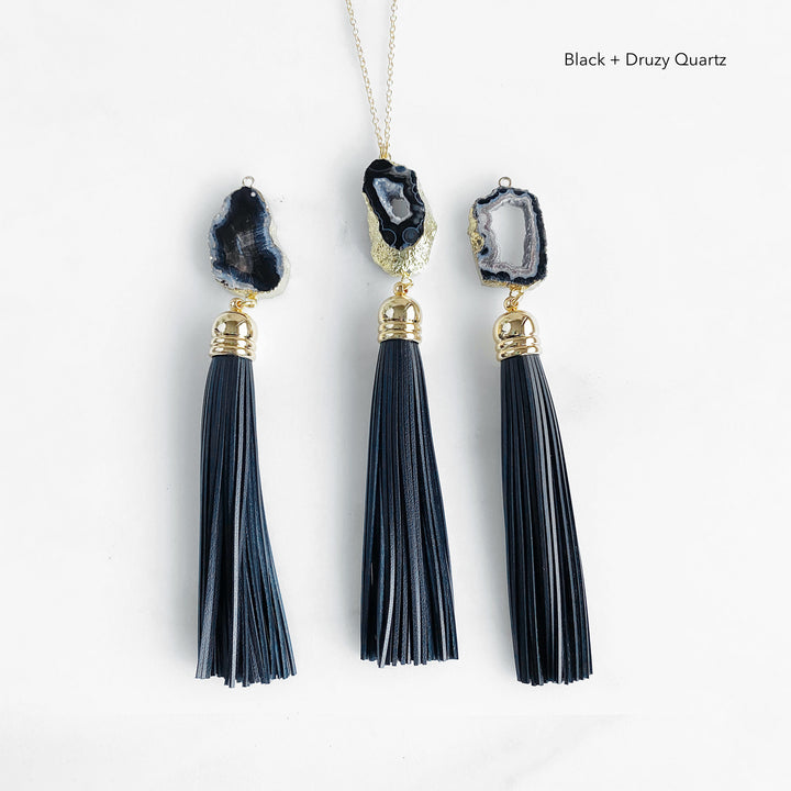 Boho Leather Tassel and Crystal Necklace in Gold