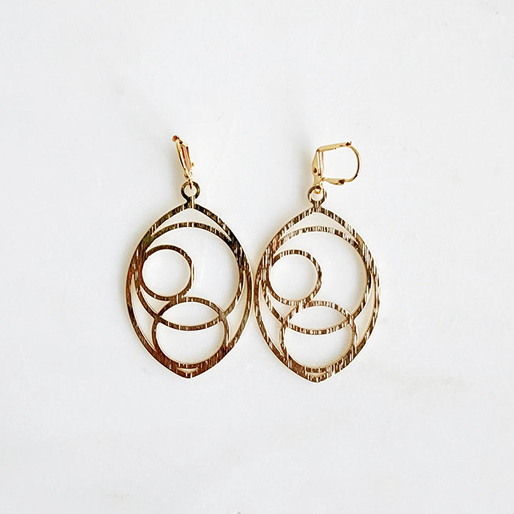 Marquise and Circle Shaped Earrings in Brushed Brass Gold