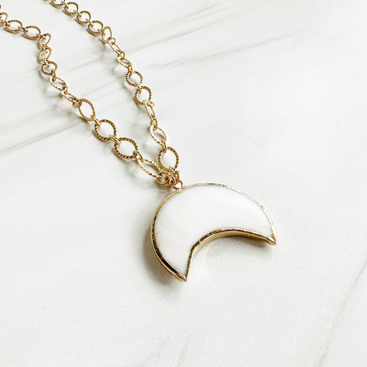 White Crescent Moon Necklace with Chunky Gold Chain