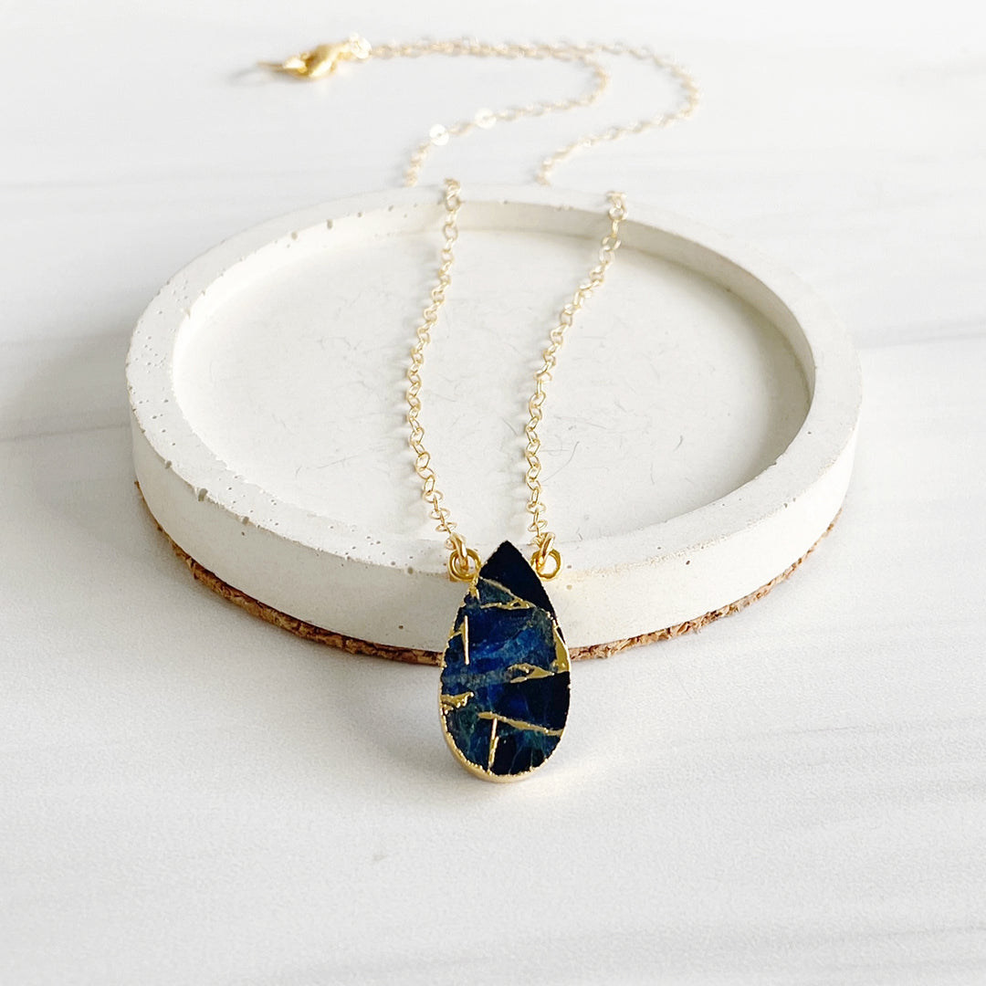 Sapphire Mojave Teardrop Gemstone Slice Necklace in Gold and Silver