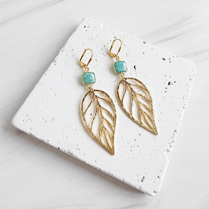 Amazonite Leaf Statement Earrings in Brushed Brass Gold