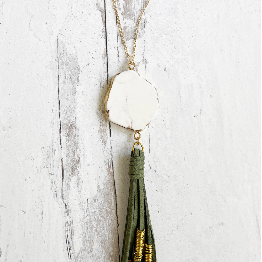 Long Boho Tassel Necklace in Gold with White Turquoise Stones