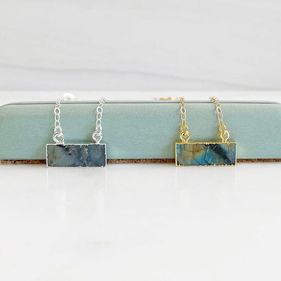 Dainty Labradorite Bar Necklace in Gold and Silver