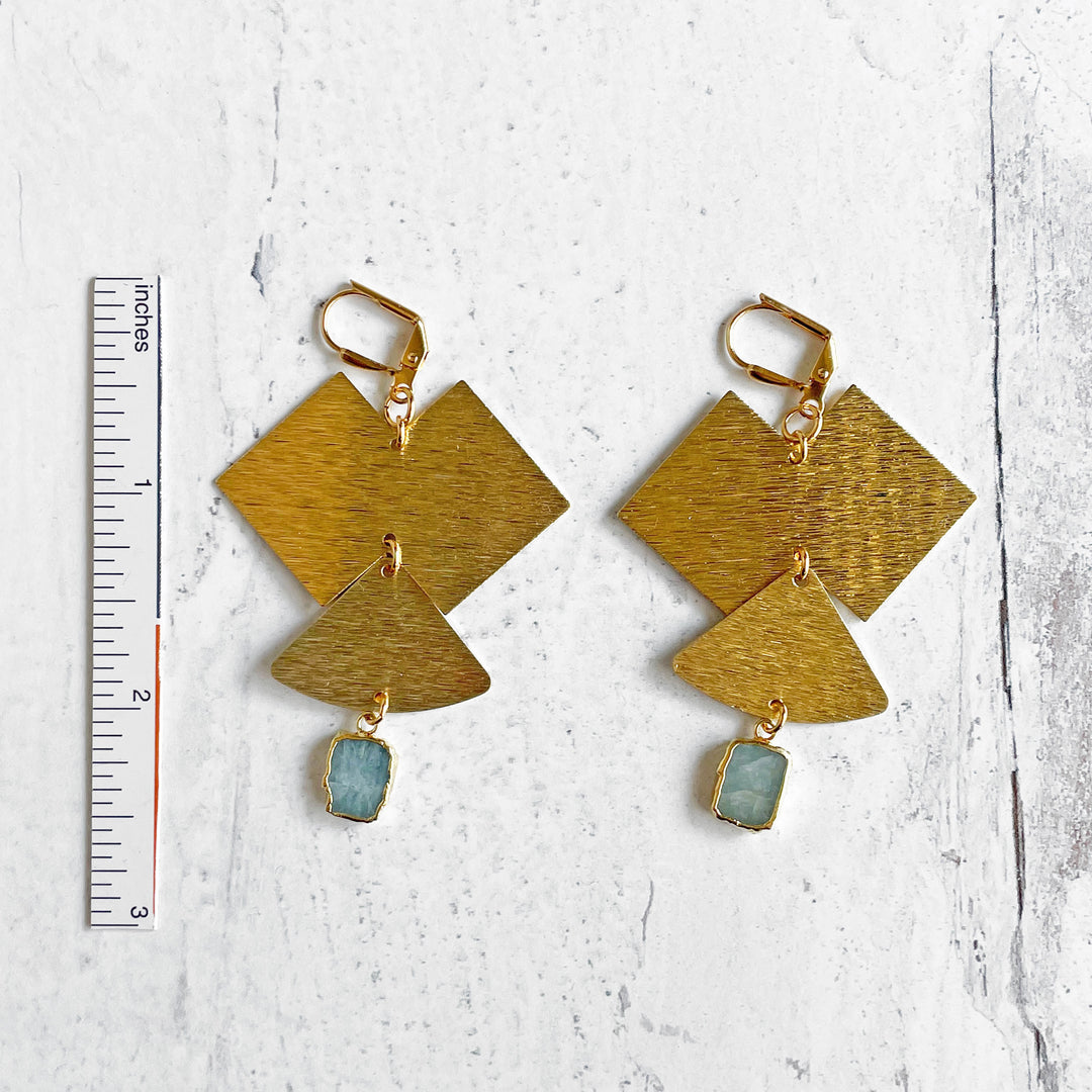 Large Brass Statement Earrings with Aquamarine Gemstone Slice