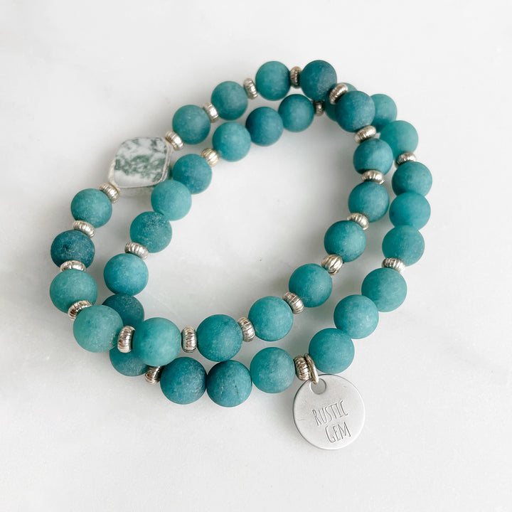 Set of 2 Tree Agate Beaded Bracelets in Silver. Stretch Bracelet Set