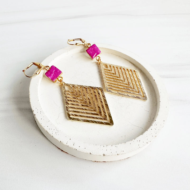 Gold Multiple Chevron Statement Earrings with Hot Pink Fuchsia Druzy Stones