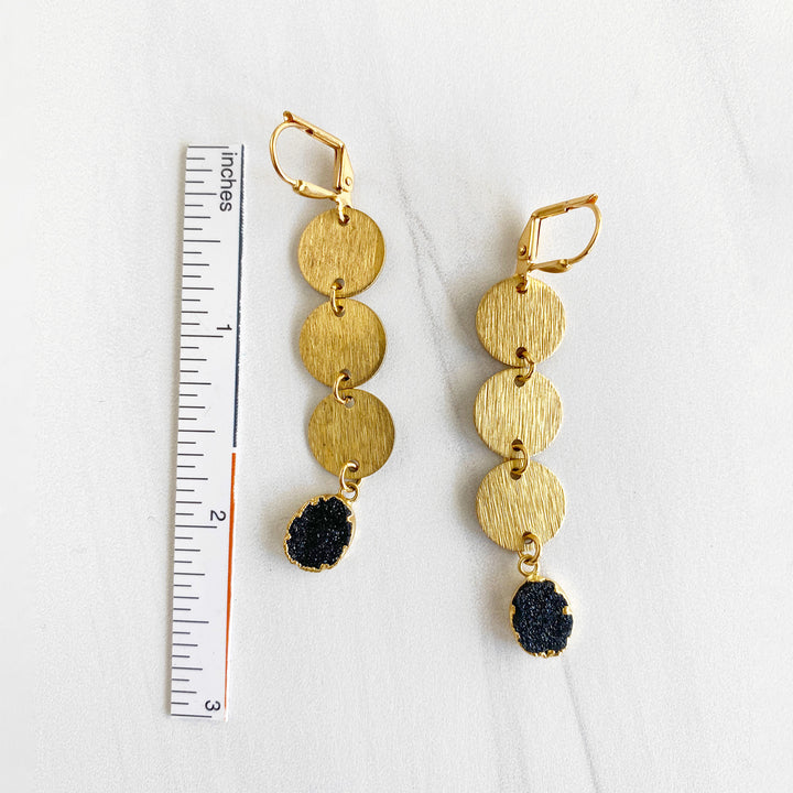 Long Gold Dangle Earrings in Brushed Brass with Black Druzy Stone