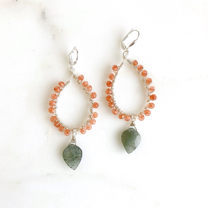 Peach Moonstone and Moss Aquamarine Dangle Earrings in Silver