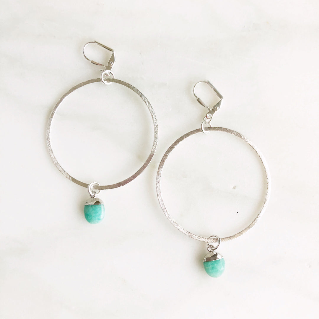 Silver Hoop Earrings with Amazonite Drops. Silver Statement Earrings. Dangle Earrings