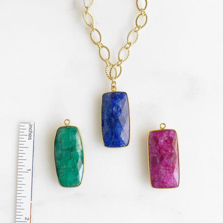 Gold Chunky Chain Necklace with Rectangle Gemstone Bezel Stones. Sapphire Emerald Ruby Pendant Necklace