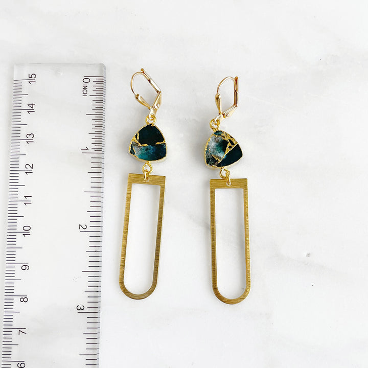 Mojave Horseshoe Dangle Earrings in Gold. Brass Arch Geometric Earrings. Green White Mojave Stone Drop Earrings