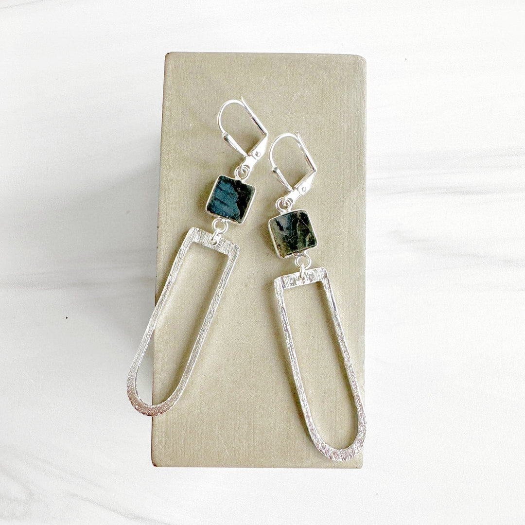 Labradorite Earrings with Horseshoe Pendants in Brushed Silver