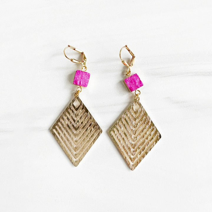 Hot Pink Druzy and Patterned Diamond Statement Earrings in Brushed Brass Gold