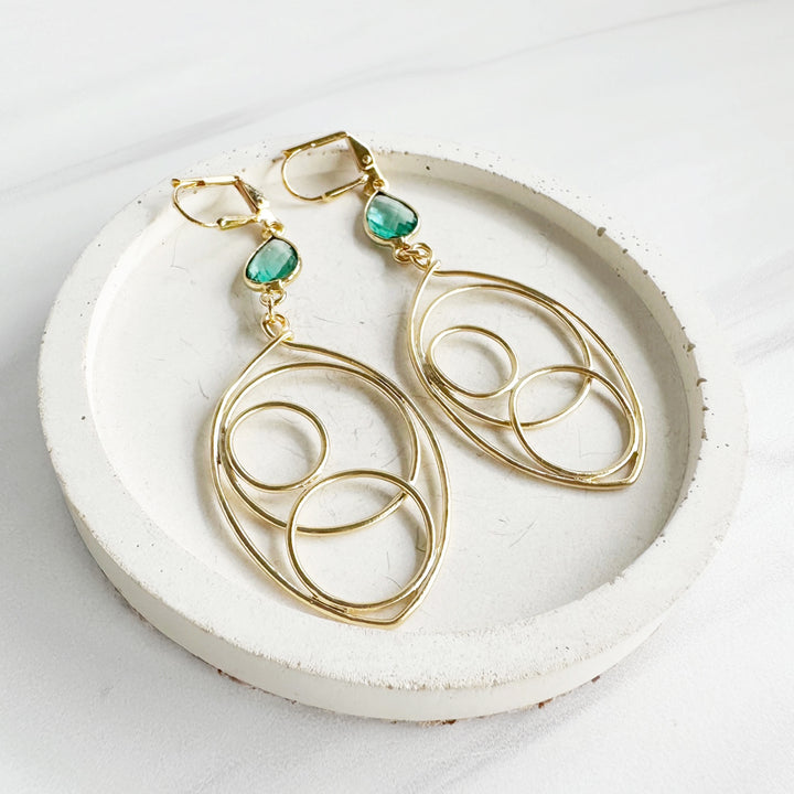 Unique Teardrop and Quartz Stone Earrings in Gold. Art Deco Earrings. Geometric Dangle Earrings. Gold Earrings