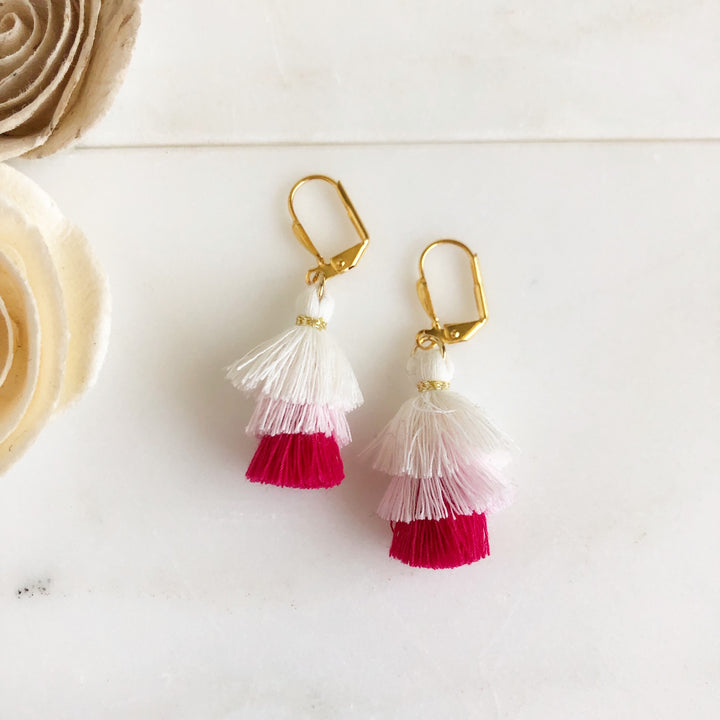 Cute Puffy Dangle Earrings in Shades of Pink and White. Tassel Earrings. Sweet Jewelry Gift