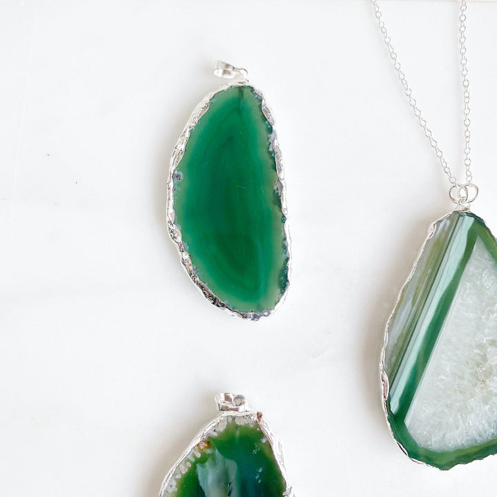 Long Green Crystal Geode Slice Necklace in Sterling Silver