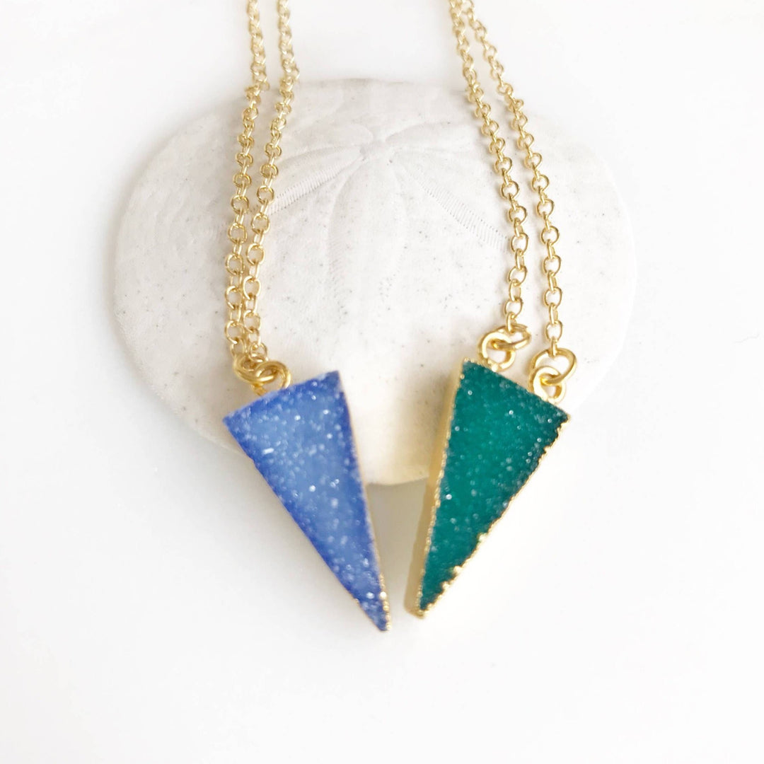 Tiny Triangle Druzy Necklace. Green Blue Druzy Necklace. Triangle Crystal Geode Necklace