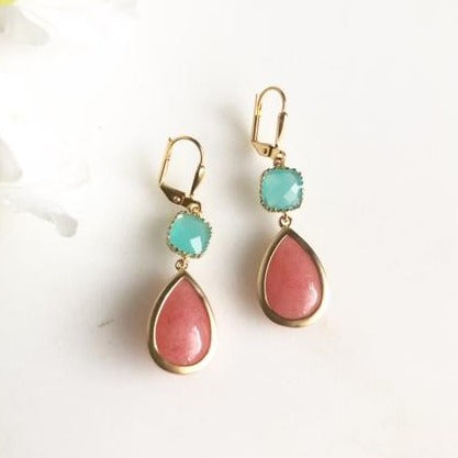Coral Pink and Mint Aqua Bridesmaid Earrings. Dangle Drop Earrings. Wedding Earrings