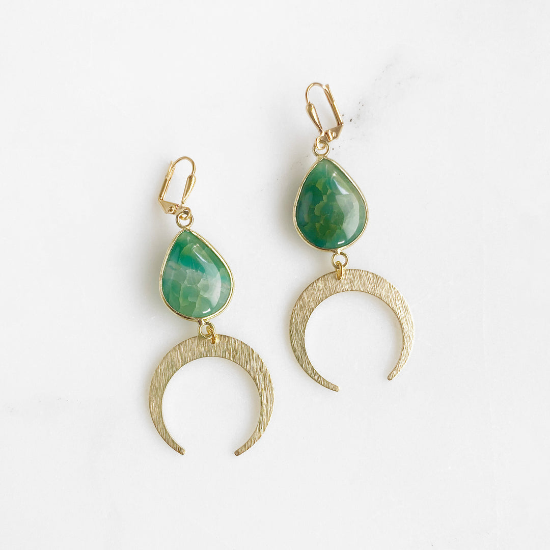 Teardrop Stone and Crescent Dangle Earrings in Gold. Blue Red Green Gemstone Moon Earrings