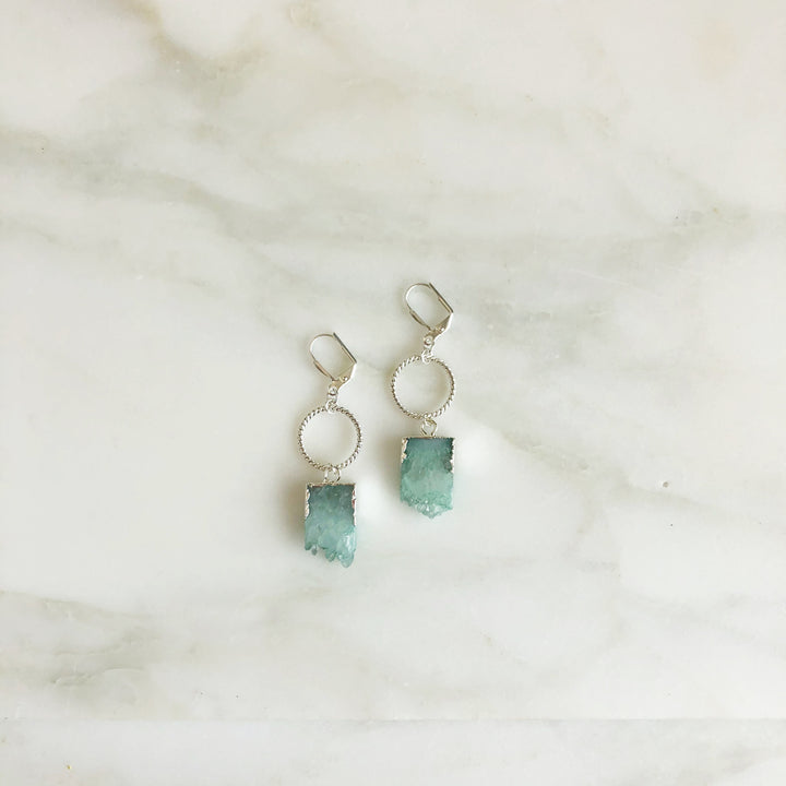 Silver Twisted Hoop Earrings Stone Pendants. Amazonite, Labradorite, Blue Quartz. Dangle Earrings.