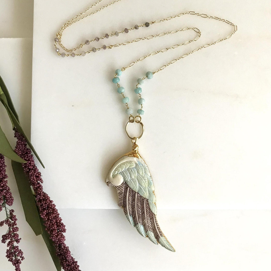 OOAK Wing Long Necklace with Amazonite Beaded Chain in Gold
