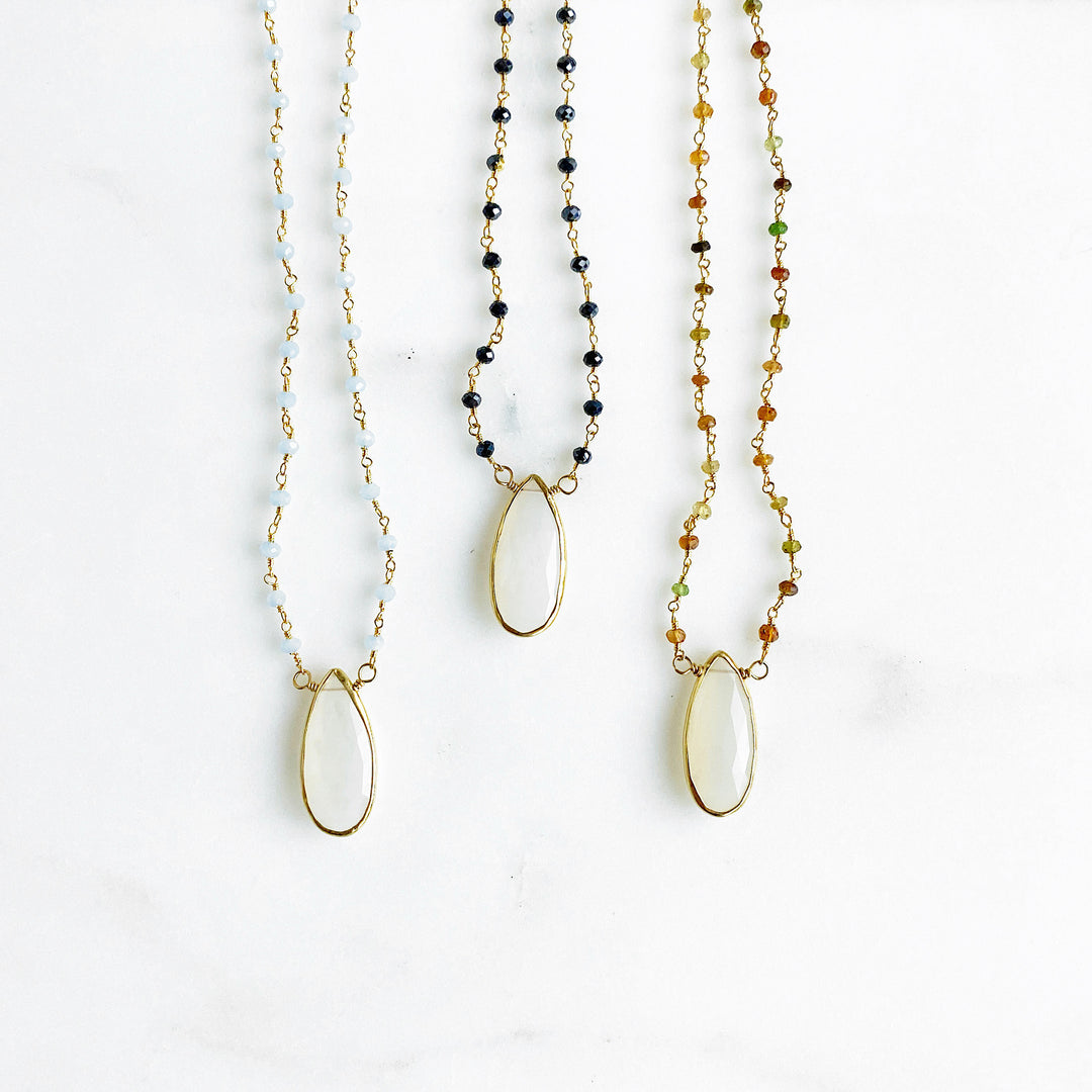 White Chalcedony Teardrop Necklace with Beaded Chain. Gold Chalcedony Pendant Necklace
