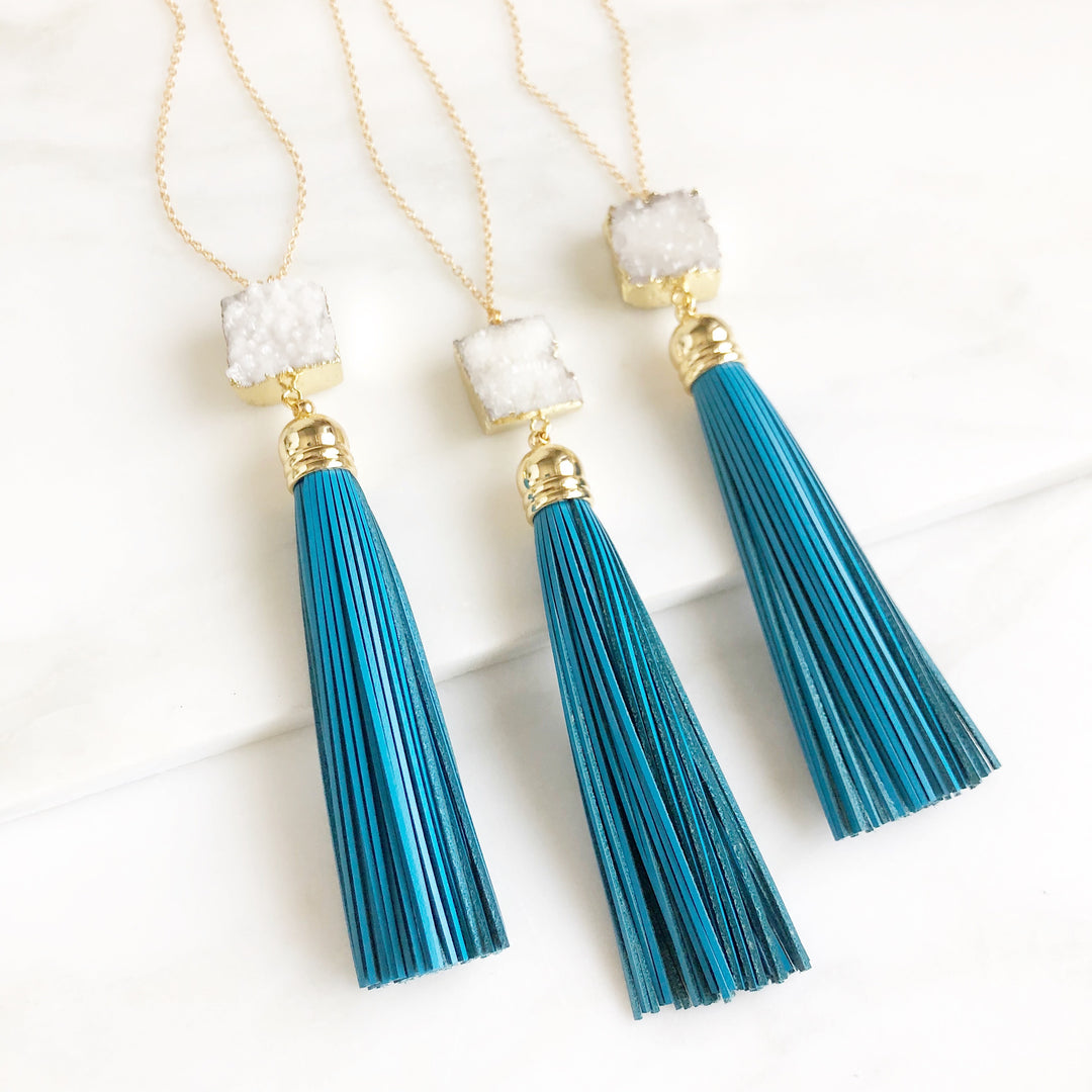 Tassel Necklace with White Druzy and Blue Tassel