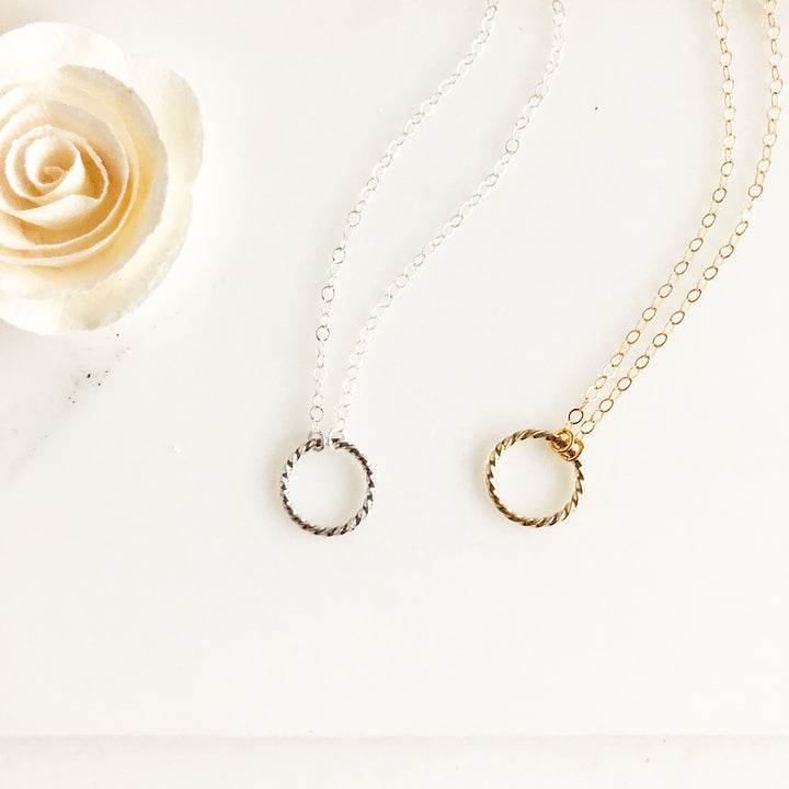 Matte Twisted Circle Necklaces. Layering Necklaces. Silver and Gold Layering Jewelry.