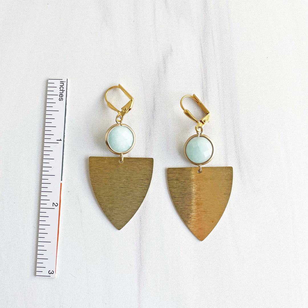 Brass Shield and Blue Stone Dangle Earrings in Gold