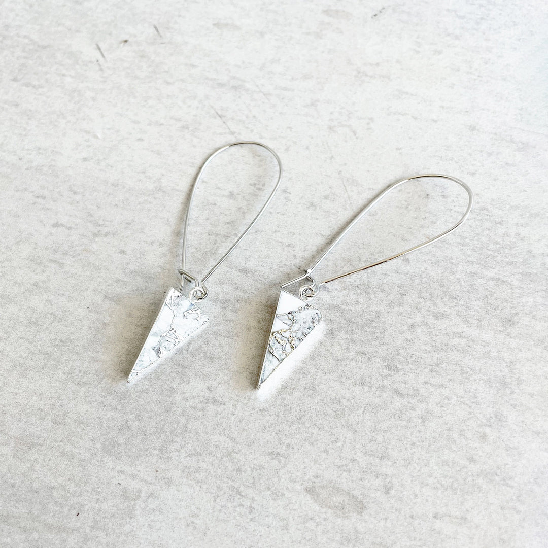 White Triangle Mojave Drop Earrings in Silver. Simple White Dangle Earrings. Silver Mojave Triangle Earrings