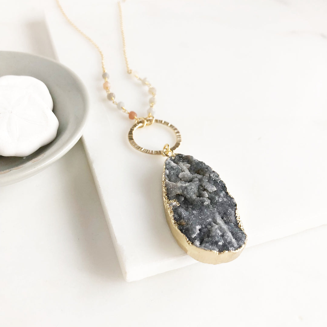 Long Charcoal Grey Druzy Teardrop and Circle Necklace with Beaded Chain in Gold